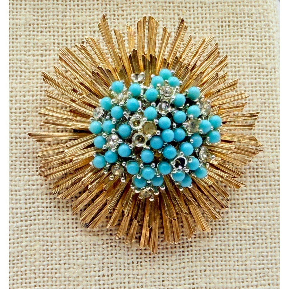 Vintage Marboux Marcel Boucher #2063 Turquoise Rhinestone Sunburst Brooch 2"